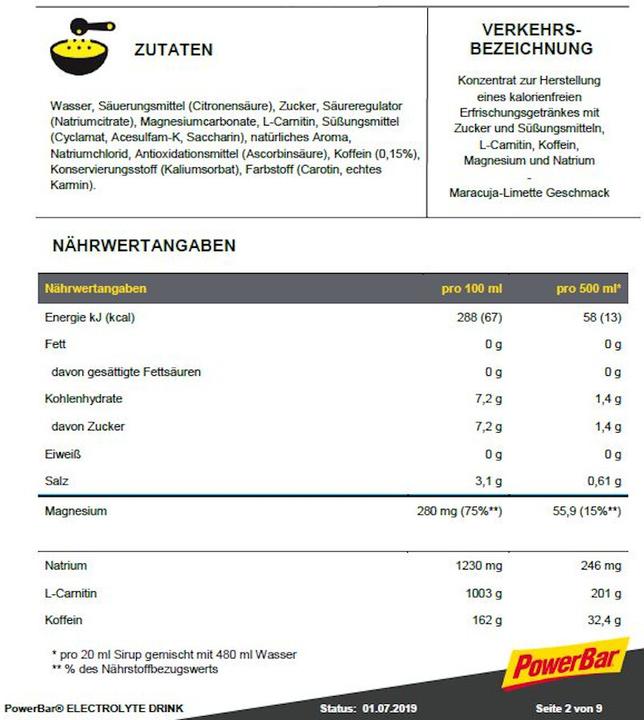 Nährwerte und Zutaten Powerbar Electrolyte Drink (1000ml) (Passionfruit-Lime, 1 x)