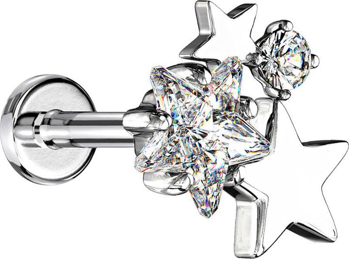 Star Piercing Micro Labret Innengewinde silber Sterne mit Kristall (Chirurgenstahl 316L, Messing)