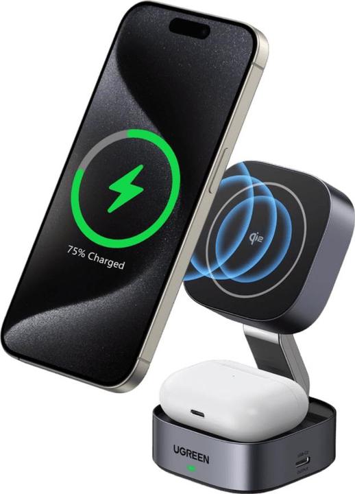 Immagine prodotto Ugreen W702 Caricatore induttivo 3in1 con MagSafe / Qi2 e porta USB-C per telefono / cuffie - nero (15 W)