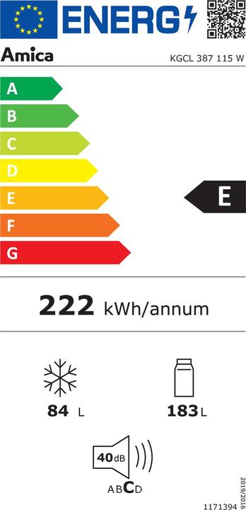Label énergétique Amica Combiné réfrigérateur-congélateur KGCL 387 115 W l x h x p 54 x 170 x 59.5 cm partie (268 l)
