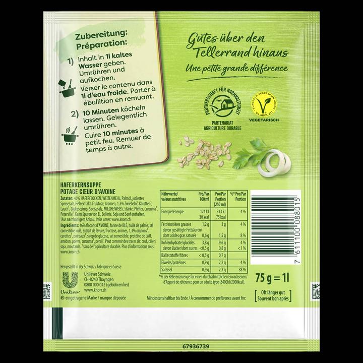 Valori nutrizionali e ingredienti Knorr Sacchetto per zuppa di chicchi d'avena, zuppa cremosa con porri e chicchi d'avena, facile da