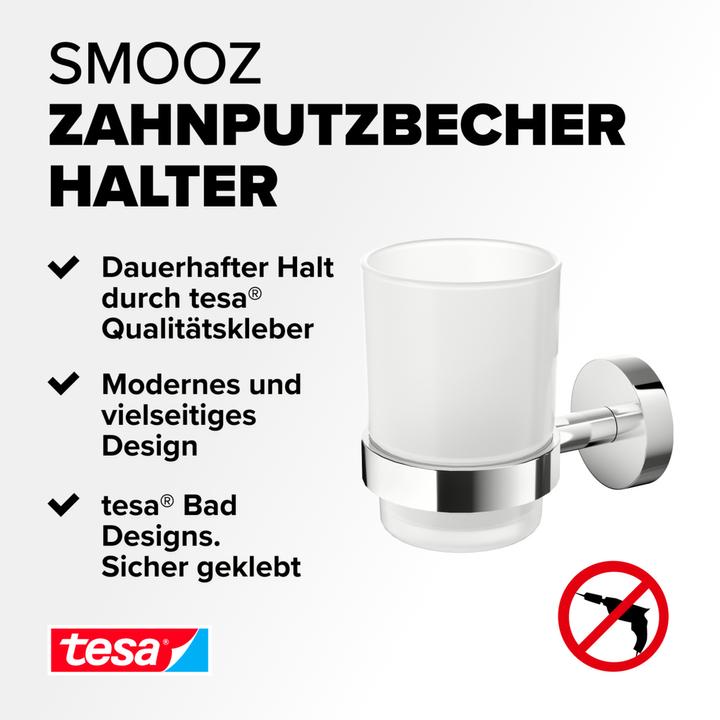 Produktbild tesa SMOOZ Zahnputzbecher mit Halterung - aus satiniertem Glas - zur Wandbefestigung ohne Bohren