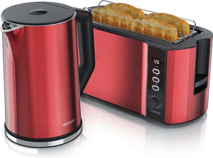 Produktbild Arendo Frühstücks Set, Edelstahl Wasserkocher 1,5l Temperaturwahl & 4-Scheiben Langschlitz Toaster, Rot (1.50 l)