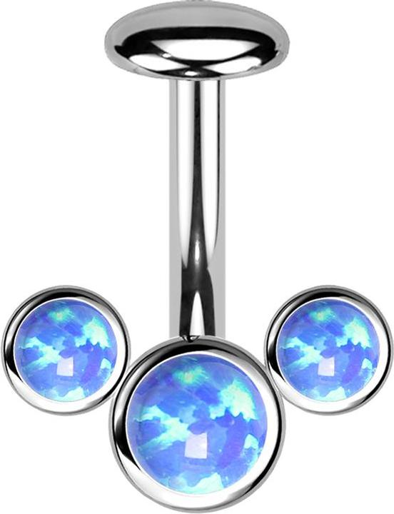 Image du produit Star Piercing Threadless Labret-Stab Banane silber front drei Opale blau (Titane G23)