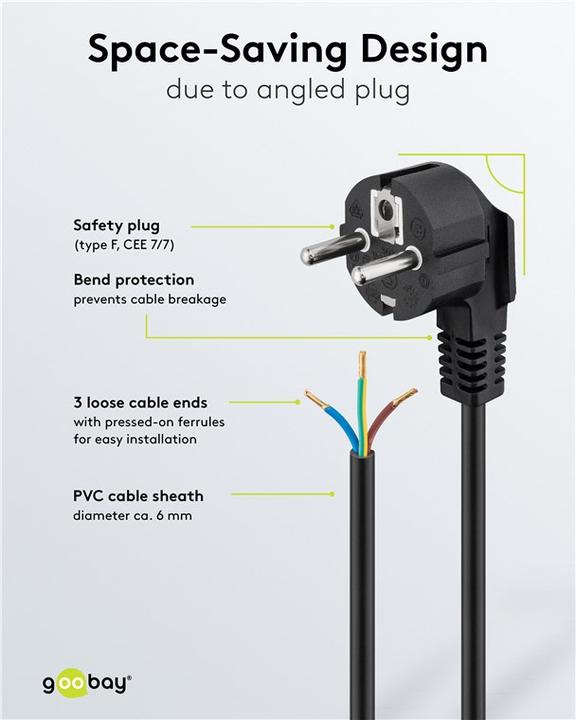 Actual product image Goobay protective contact cable angled for assembly, 2 m, black (2 m)