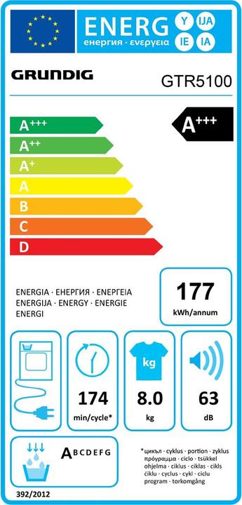 Label énergétique Grundig Sèche-linge GTR5100, 8kg, A+++, blanc (8 kg)