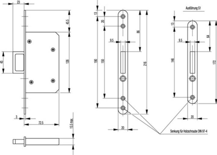 Actual product image BKS Sliding door mortice lock 0393 steel silver crowned 20/55 mm with spring handle and release button (Mortise lock)