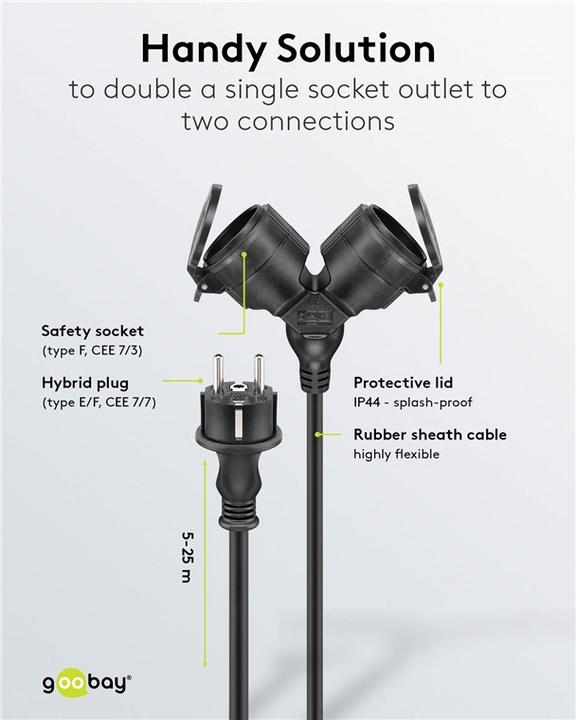 Actual product image Goobay Doppel-Verlängerungskabel Outdoor (5 m, CEE 7/7)