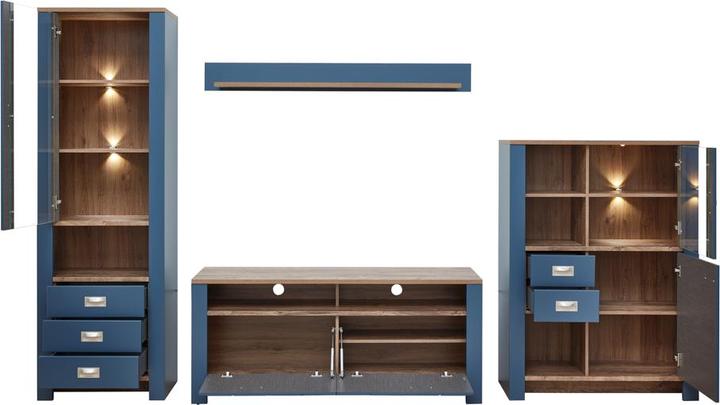 Produktbild Innostyle Dijon Wohnwand Holzwerkstoff Parisian Blue/Haveleiche Cognac LED-Beleuchtung