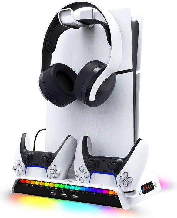 Immagine prodotto - iPega P5S006 Supporto di ricarica RGB multifunzionale con raffreddamento per PS5 Slim Bianco (PS5)