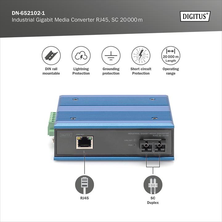 Immagine prodotto Digitus Industrial Gigabit Media Converter RJ45, SC 20 km