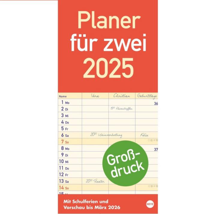 Produktbild Grossdruck Planer für zwei 2025 (21 x 45 cm, Harter Einband, Deutsch)