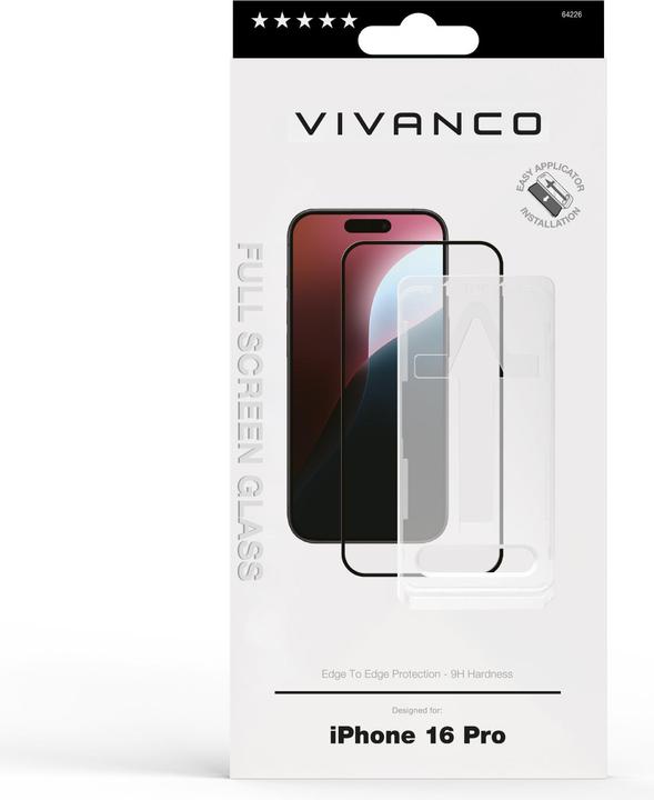 Actual product image Vivanco 2.5D FullScreen screen protector for iPhone 16 Pro Applicator Installation (1 Piece, Apple iPhone 16 Pro)