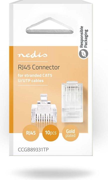 Actual product image Nedis RJ45 plug | RJ45 Pass Through | Stranded UTP CAT5 | Straight | Gold-plated | 10 pieces | PVC | T (UTP, CAT5e, 0.02 m)
