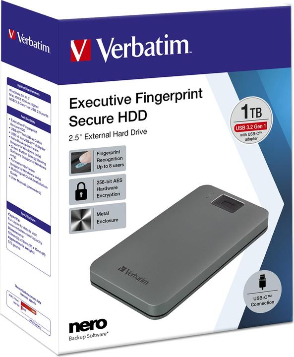 Image du produit Verbatim Fingerprint Secure 1TB USB 3.2 Gen 1 USB-C (1 To)