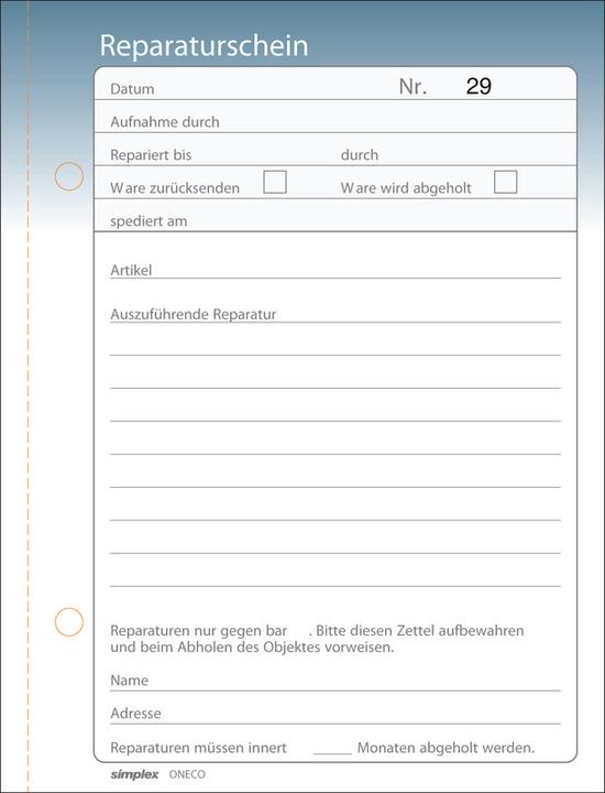 Image du produit Simplex Bulletins de réparation A6 allemand (50 x)