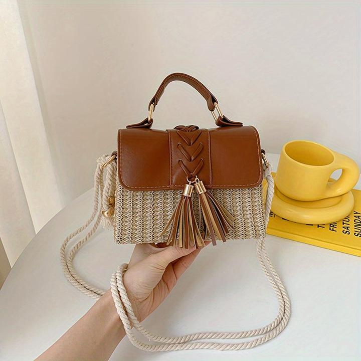 Actual product image Only-Bags.Store Tassel Decor Straw Woven Handbags, Mini Rope Strap Crossbody Beach Bag, Women Top Handle
