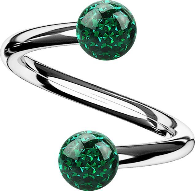 Star Piercing Spirale silber mit zwei Kristallkugeln grün Epoxy Schutzschicht (Titan G23, ohne Messing)
