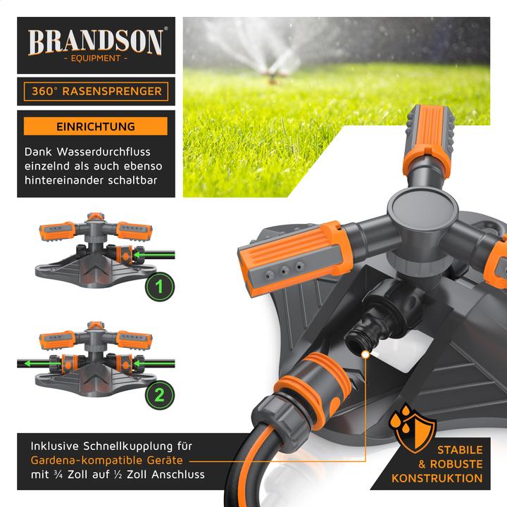 Produktbild Brandson Kreisregner, 360° Rasensprenger, 3 Arm, Garten Sprinkler, Bewässerungssystem, Gardena kompatibel (Kreisregner)