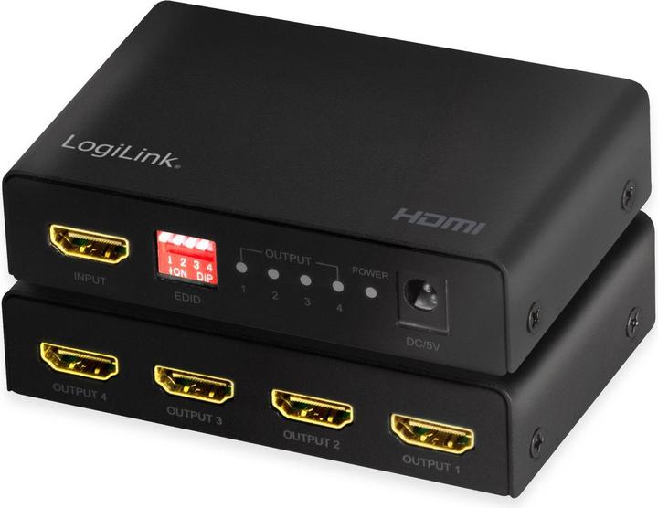 Produktbild LogiLink HD0038 HDMI Splitter 1x4-Port, 4K/60 Hz, HDCP, EDID, HDR, CEC, downscaler