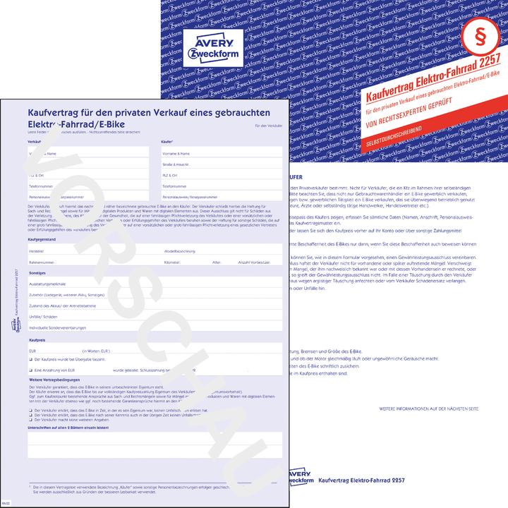 Actual product image Avery Contract of sale for the private sale of a used electric bicycle/e-bike (4 x)