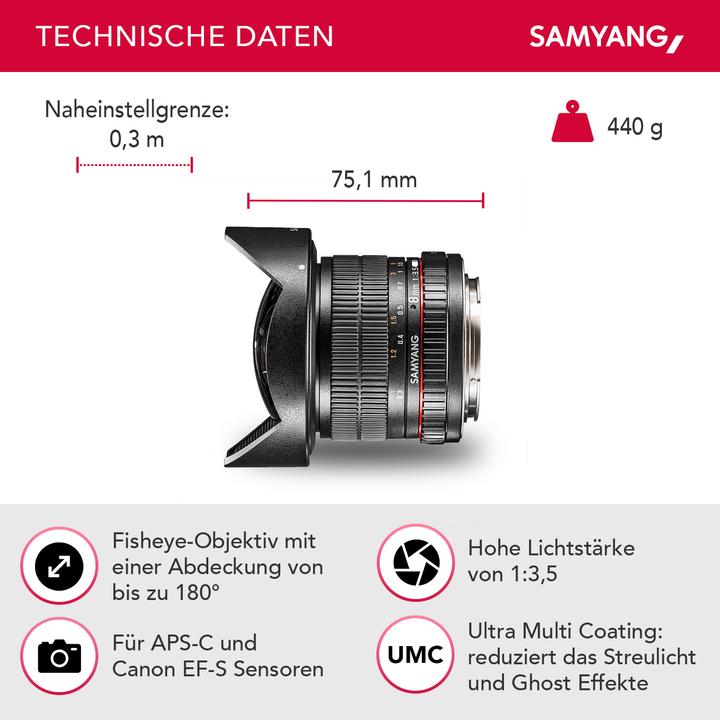 Produktbild Samyang 8mm f/3.5 Asph IF MC Fisheye CSII DH, Canon EF (Canon EF-S, APS-C / DX)