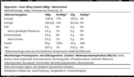 Valori nutrizionali e ingredienti MyProtein Clear Whey Isolate (Anguria, 1 pz., 488 g)