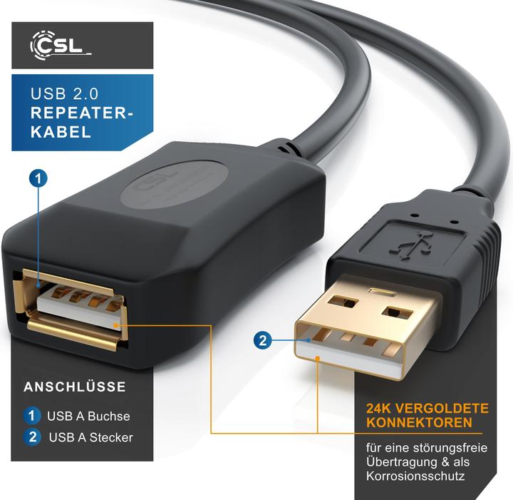 Produktbild CSL USB 2.0 Repeaterkabel - Verstärker - Verlängerungskabel - Repeater Kabel mit Signalverstärkung (10 m, USB 2.0)