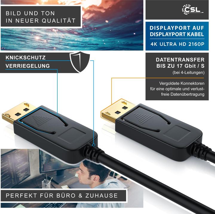 Produktbild CSL DisplayPort Kabel 4k 60Hz Ultra HD - DisplayPort 1.2 zu DP 4K 1.2 inkl. Audio-Übertragung (5 m, DisplayPort)