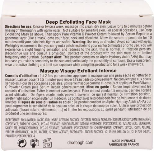 Valeurs nutritives et ingrédients Dr Sebagh Masque exfoliant en profondeur Masque exfoliant en profondeur 50Ml (50 ml)