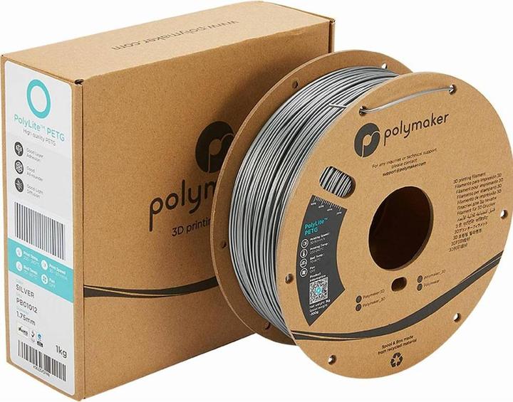 Actual product image Polymaker PolyLite PETG Silver 1.75mm 1kg (PETG, 1.75 mm, 1000 g, Silver)