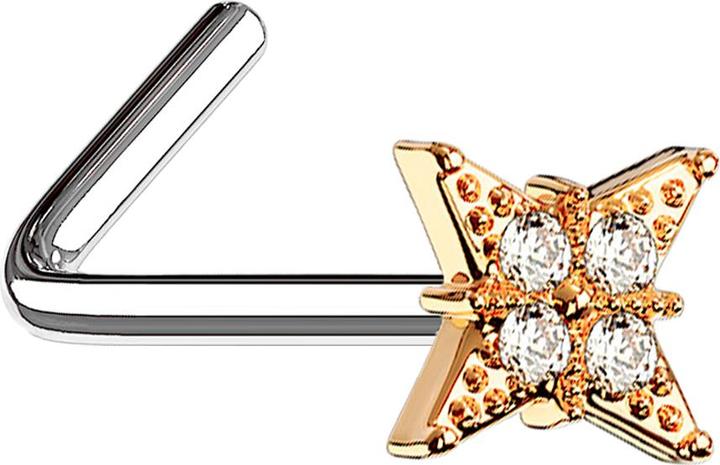 Star Piercing Nasenstecker gewinkelt rosegold Stern mit vier Kristallen (Chirurgenstahl 316L, Messing)