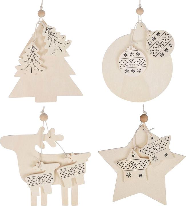 Produktbild Natura Punto 4er-Set Anhänger aus Holz, Rentier, Weihnachtskugel, Christbaum und Stern, zum Aufhängen