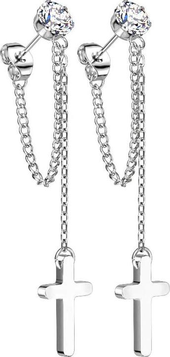 Image du produit Star Piercing Boucles d'oreilles argent avec cristal rond argent Pendentif chaîne avec croix (sans laiton, Acier chirurgical 316L)