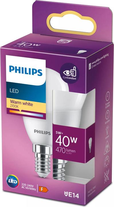 Actual product image Philips LED 40W P45 E14 WW FR ND 1PF/10 (E14, 4.90 W, 470 lm, F)