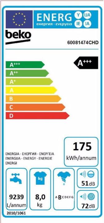 Energy Label Beko 60081474CHD (8 kg, Left)