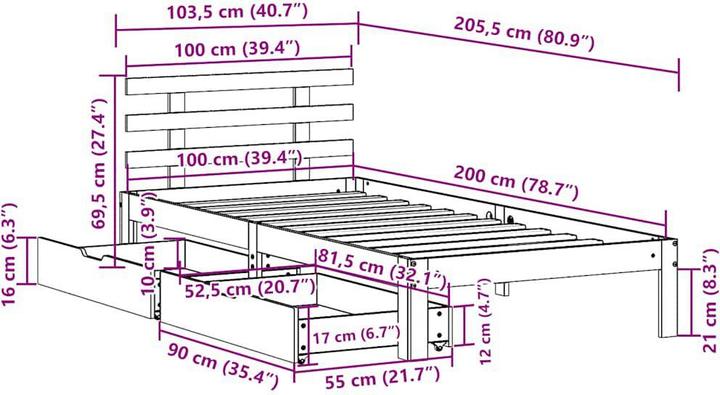 Immagine prodotto VidaXL Letto con cassetti in pino (100 x 200 cm)