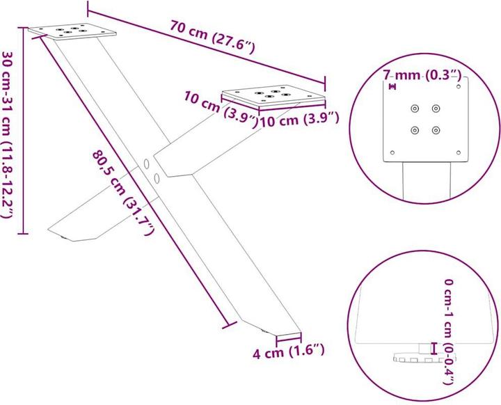 Actual product image VidaXL Coffee table legs X-shape 2 pcs. White 70x(30-31) cm steel table leg