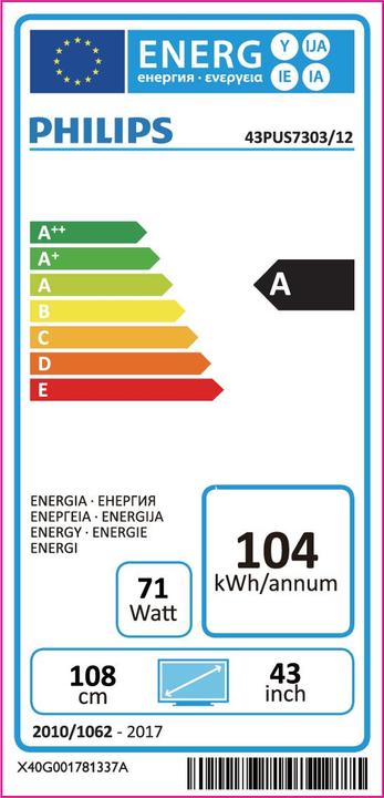 Etichetta energetica Philips 43pus7303/12 (43", LCD, 4K, 2018)