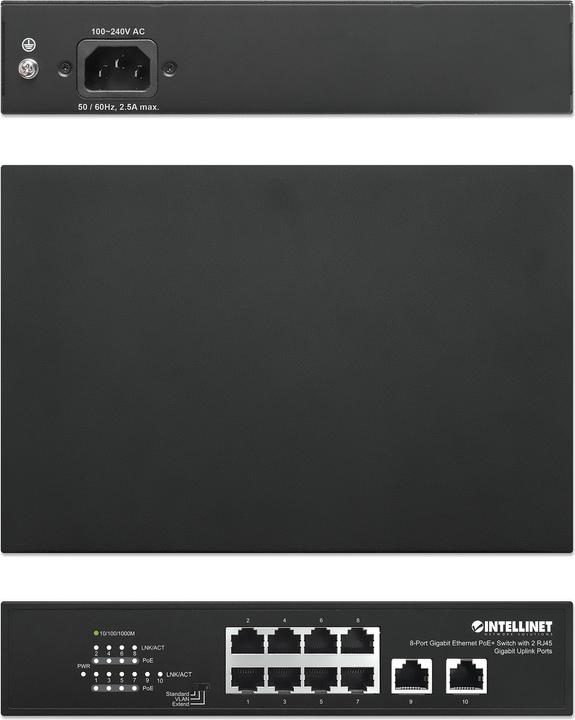 Produktbild Intellinet 8-Port Gigabit Ethernet PoE+ Switch mit 2 RJ45 Gigabit Uplink-Ports (10 Ports)