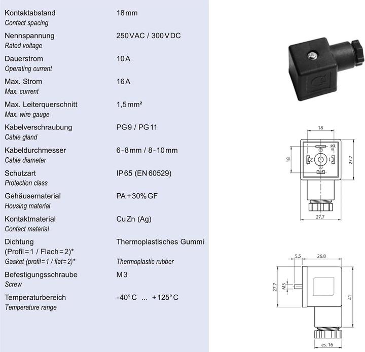 Image du produit Kalitec 5 Stück Ventilstecker Bauform A schwarz 3 polig I Kontaktfläche 27 x 27 mm² I PG9 I Kontaktt