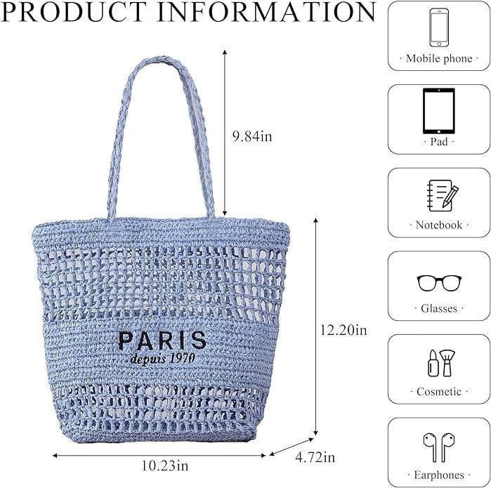 Actual product image Only-Bags.Store Hollowed straw woven shopping bag, fashionable embroidery letter shoulder bag, beach bag