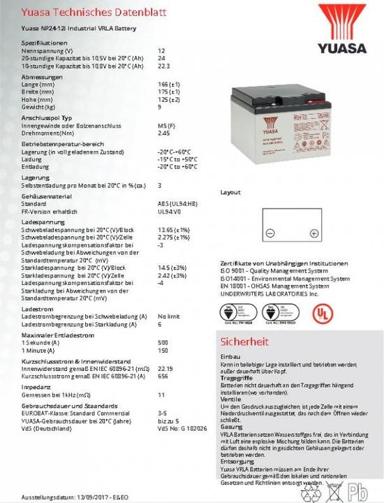 Produktbild Yuasa Blei-Akku NP24-12I Pb 12V / 24Ah mit M5 Schraubanschluss