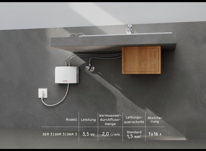Produktbild Stiebel Eltron DHM 3 Mini Durchlauferhitzer nur fürs Handwaschbecken, 3,5 kW, mit Stecker, VDE geprüft