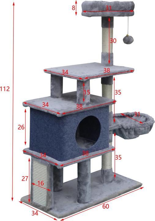Actual product image Fudajo Cat Tree Light Grey Scratching Tree 112cm High Climbing Tree with Cat House and Lying Recess (112 cm, Light grey)