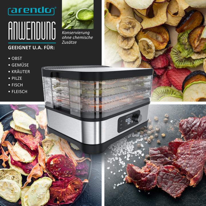 Image du produit Arendo Dörrautomat mit Temperaturregler, 5 Etagen, 35-70°C, Edelstahl, Dörrgerät 400 W, Timer 24h, BPA-frei