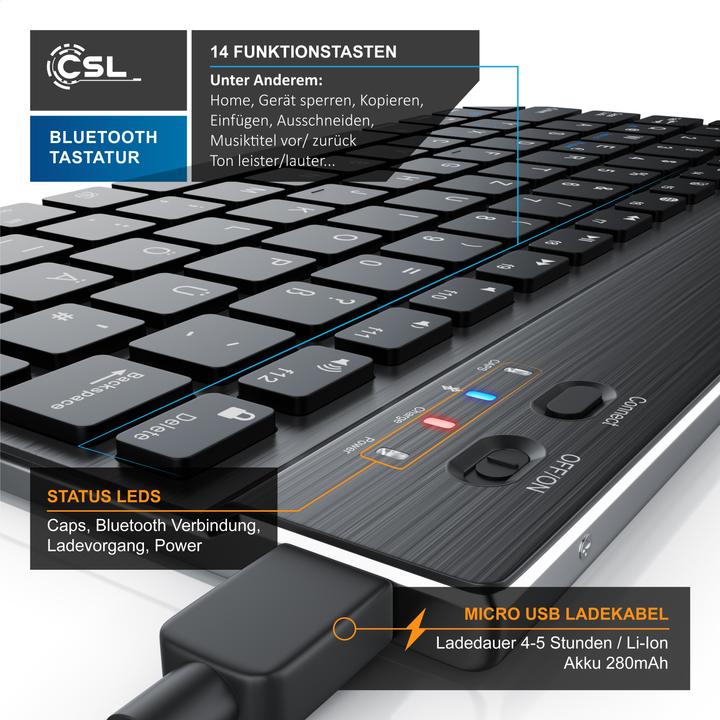 Produktbild CSL Wireless Tastatur, Ultra Slim Keyboard, Bluetooth, Aluminium Gehäuse, DE Layout, BT 3.0, schwarz (DE, Kabellos)