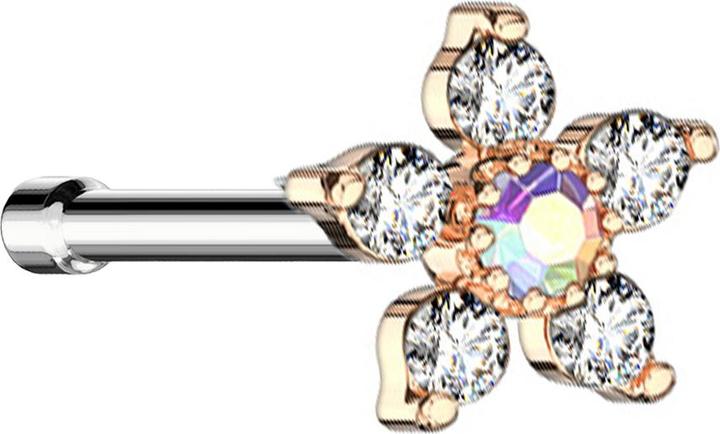 Image du produit Star Piercing Nasenstecker gerade rosegold Blume mit Kristall multicolor und silber (Laiton, Acier chirurgical 316L)