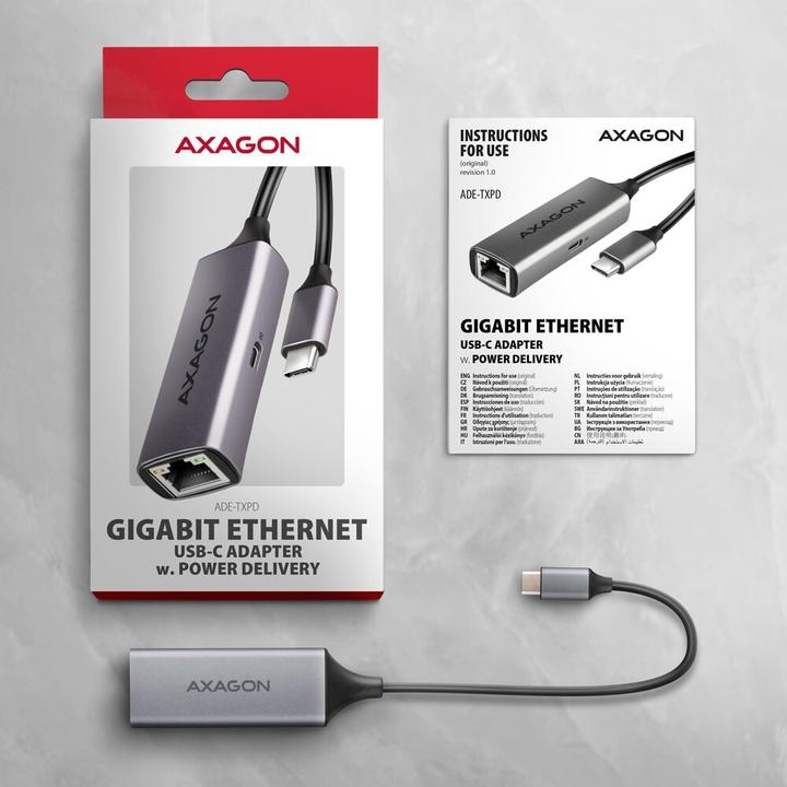 Actual product image Axagon ADE-TXPD, USB-C 3.2 Gen 1 - Gigabit Ethernet síťová karta, Asix AX88179, PD, auto instal (USB-C, RJ45 (1x))