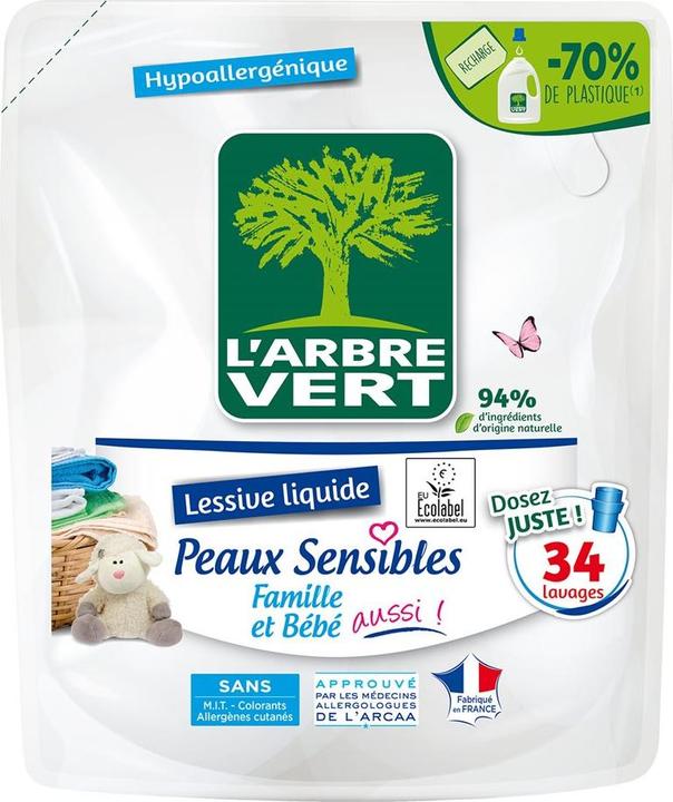 Image du produit L'arbre vert Lessive liquide écologique Peau sensible Recharge (34 Cycles de lavage, Liquide)